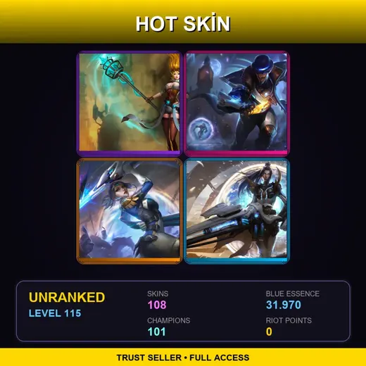VN | Hextech Janna | Pulsefire Twisted Fate | Cosmic Blade Master Yi | Cosmic Reaver Kassadin | 108 Skin | 101 Champ | Lv115