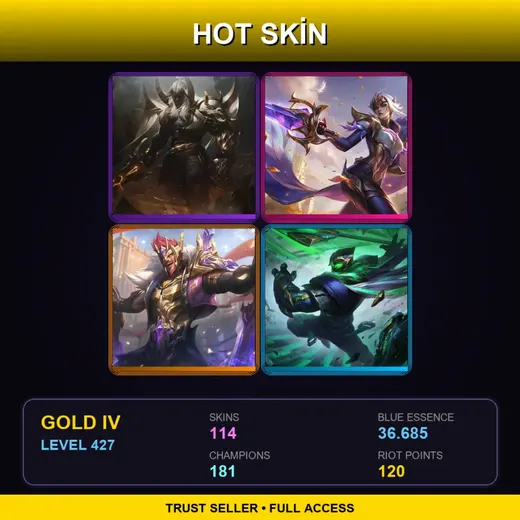 LAN | Prestige Blood Moon Aatrox | Victorious Fiora | Victorious Draven | Conqueror Jax | 114 Skin | 181 Champ | Gold IV | Lv427