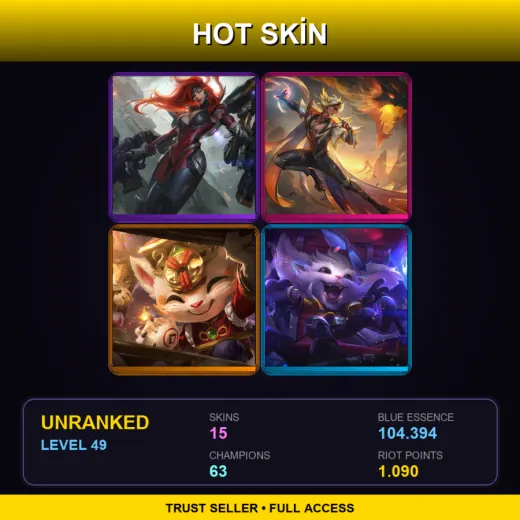 EUW | Gun Goddess Miss Fortune | Dragonmancer Rakan | Firecracker Teemo | Super Galaxy Gnar | 15 Skin | 63 Champ | Lv49
