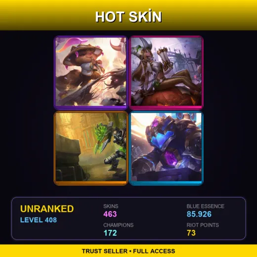 VN | Prestige Spirit Blossom Teemo | Prestige Bewitching Miss Fortune | Hextech Singed | Hextech Rammus | 463 Skin | 172 Champ | Lv408 — God Staff Jax