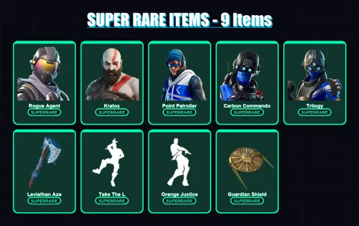 [PC/XBOX/PSN] | Rogue Agent | Kratos | Point Patroller | Carbon Commando | Trilogy | 96 skin | 72 pickaxe | 56 emote | 52 glider | Lv726