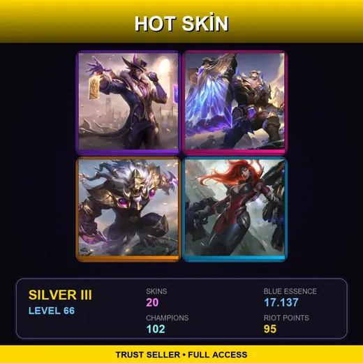 EUW | Victorious Twisted Fate | Victorious Braum | Victorious Rengar | Gun Goddess Miss Fortune | 20 Skin | 102 Champ | Silver III | Lv66 — Pre Void Kassadin