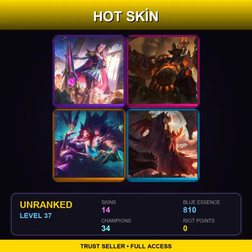 TR | Battle Academia Caitlyn | High Noon Urgot | Star Guardian Rakan | Dragon Master Swain | 14 Skin | 34 Champ | Lv37