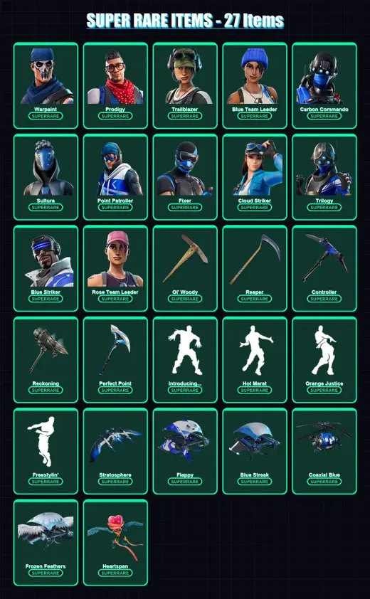 [PS4/PS5/XBOX/PC] | Warpaint | Prodigy | Trailblazer | Blue Team Leader | Carbon Commando | 134 skin | 113 pickaxe | 164 emote | 104 glider | Lv1501