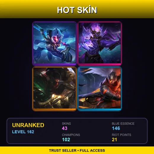 SG | Cosmic Blade Master Yi | Dark Star Jarvan IV | PROJECT: Yasuo | Blood Moon Yasuo | 43 Skin | 102 Champ | Lv162