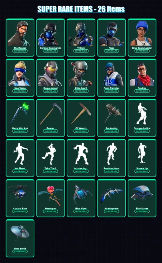 [PS4/PS5/PC] | The Reaper | Carbon Commando | Trilogy | Fixer | Blue Team Leader | 162 skin | 217 pickaxe | 178 emote | 191 glider | Lv3270