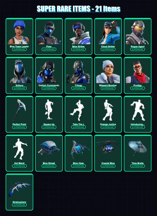 [PC] | Blue Team Leader | Fixer | Blue Striker | Cloud Striker | Rogue Agent | 87 skin | 126 pickaxe | 128 emote | 115 glider | Lv1609