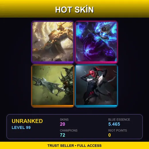 LAS | Lunar Guardian Nasus | Spirit Fire Brand | Darkforge Jarvan IV | Masque of the Black Rose Elise | 20 Skin | 72 Champ | Lv99