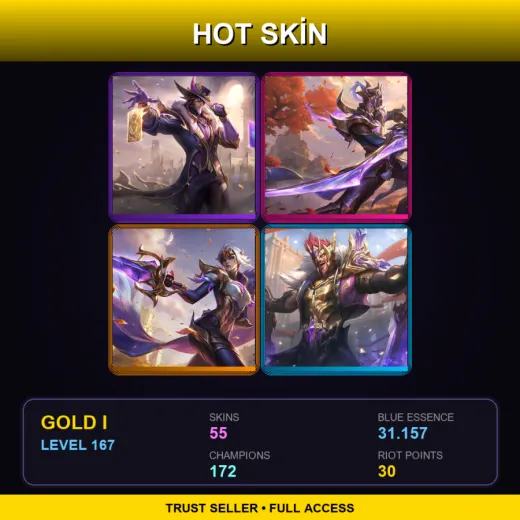 EUW | Victorious Twisted Fate | Victorious Master Yi | Victorious Fiora | Victorious Draven | 55 Skin | 172 Champ | Gold I | Lv167