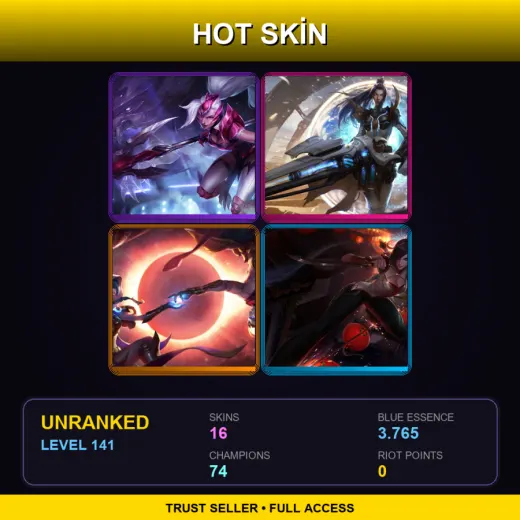 ME | Challenger Nidalee | Pulsefire Caitlyn | Cosmic Dusk Xayah | Warring Kingdoms Katarina | 16 Skin | 74 Champ | Lv141