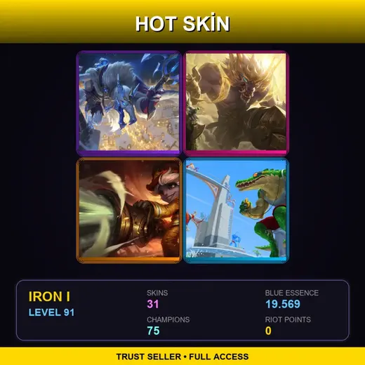 BR | Ice King Twitch | Lunar Guardian Warwick | Firefighter Tristana | Pool Party Renekton | 31 Skin | 75 Champ | Iron I | Lv91