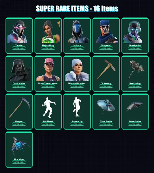 [PC] | Xander | Major Glory | Sultura | Warpaint | Breakpoint | 328 skin | 396 pickaxe | 306 emote | 287 glider | Lv6144