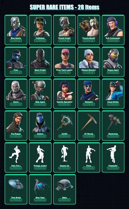 [PC/XBOX/PSN] | Blue Squire | Trailblazer | Royale Knight | Psycho Bandit | Sub Commander | 189 skin | 203 pickaxe | 156 emote | 126 glider | Lv1133
