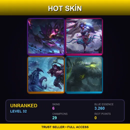 VN | Dark Star Mordekaiser | Spirit Blossom Kindred | Woad King Darius | Broken Covenant Cho'Gath | 6 Skin | 29 Champ | Lv32