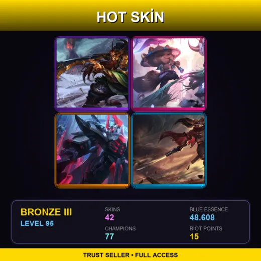 EUW | Warring Kingdoms Tryndamere | Spirit Blossom Teemo | PROJECT: Mordekaiser | High Noon Yasuo | 42 Skin | 77 Champ | Bronze III | Lv95