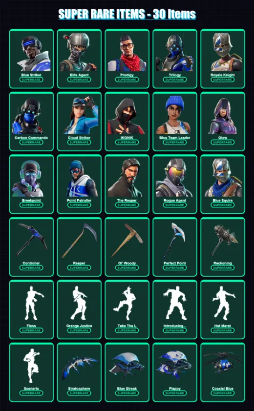 [PS4/PS5/XBOX/PC] | Blue Striker | Elite Agent | Prodigy | Trilogy | Royale Knight | 171 skin | 198 pickaxe | 112 emote | 129 glider | Lv2514