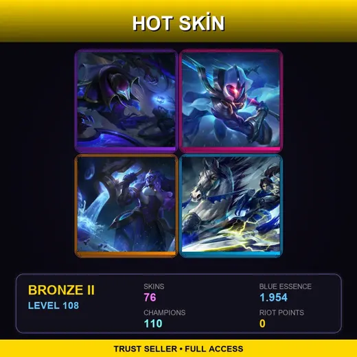 LAN | Hextech Nocturne | Cosmic Blade Master Yi | Battle Academia Katarina | Cosmic Invoker Illaoi | 76 Skin | 110 Champ | Bronze II | Lv108 — LoL account