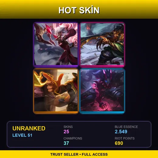 SG | Conqueror Karma | High Noon Twisted Fate | Blood Moon Tryndamere | Blood Moon Master Yi | 25 Skin | 37 Champ | Lv51