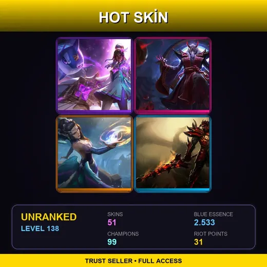 SG | Star Guardian Senna | Blood Moon Zilean | Majestic Empress Morgana | Dragonslayer Jarvan IV | 51 Skin | 99 Champ | Lv138 — Nightbringer Kayn