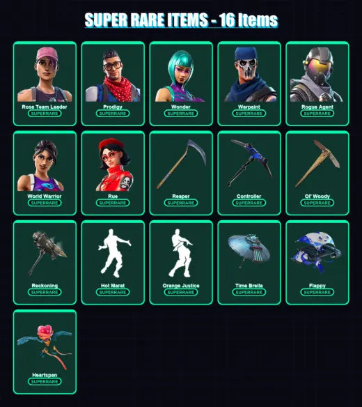 [PC/XBOX] | Rose Team Leader | Prodigy | Wonder | Warpaint | Rogue Agent | 182 skin | 113 pickaxe | 126 emote | 103 glider | Lv1617