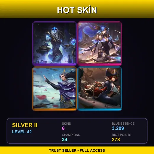 NA | Victorious Sona | Cosmic Queen Ashe | Eternal Sword Yi | Waterloo Miss Fortune | 6 Skin | 34 Champ | Silver II | Lv42