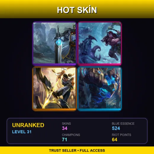 EUW | King Tryndamere | Woad King Darius | Arclight Varus | Enchanted Galio | 34 Skin | 71 Champ | Lv31