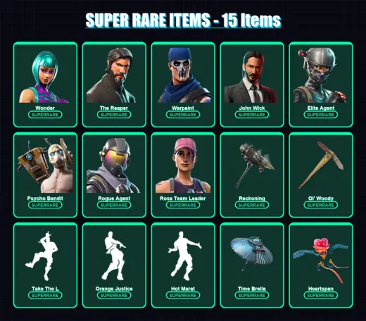 [PC] | Wonder | The Reaper | Warpaint | John Wick | Elite Agent | 174 skin | 140 pickaxe | 109 emote | 103 glider | Lv1202