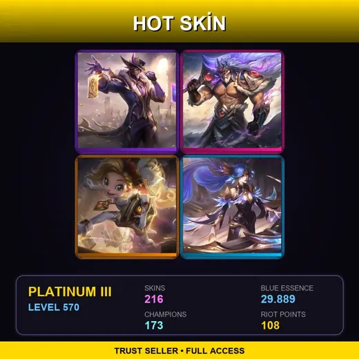 LAN | Victorious Twisted Fate | Victorious Tryndamere | Prestige Arcanist Zoe | Victorious Sona | 216 Skin | 173 Champ | Platinum III | Lv570 — Amethyst Ashe