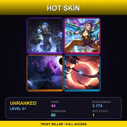 SG | Cosmic Queen Ashe | PROJECT: Vayne | Arcade Kai'Sa | Blood Moon Yasuo | 44 Skin | 60 Champ | Lv81