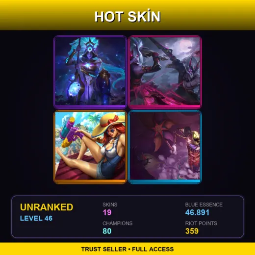 EUW | Cosmic Huntress Nidalee | Blood Moon Master Yi | Pool Party Miss Fortune | Surprise Party Fiddlesticks | 19 Skin | 80 Champ | Lv46