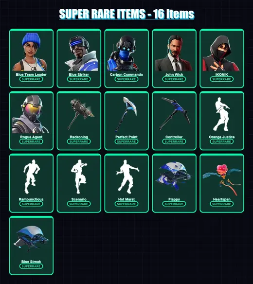 [PS4/PS5/XBOX/PC] | Blue Team Leader | Blue Striker | Carbon Commando | John Wick | IKONIK | 68 skin | 47 pickaxe | 73 emote | 56 glider | Lv545