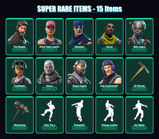 [PC] | The Reaper | Rose Team Leader | Warpaint | Scout | Elite Agent | 90 skin | 62 pickaxe | 75 emote | 69 glider | Lv854