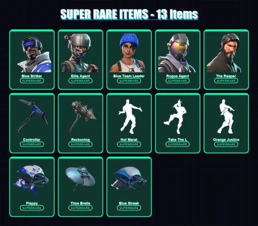 [PS4/PS5/XBOX/PC] | Blue Striker | Elite Agent | Blue Team Leader | Rogue Agent | The Reaper | 97 skin | 97 pickaxe | 99 emote | 111 glider | Lv1554