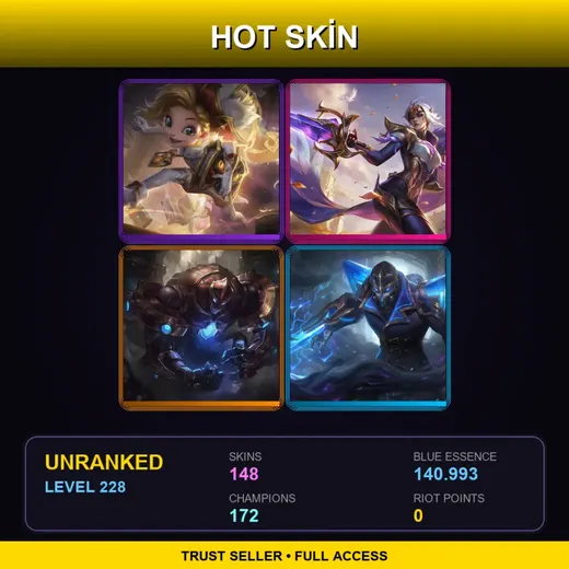 VN | Prestige Arcanist Zoe | Victorious Fiora | Hextech Galio | Hextech Kassadin | 148 Skin | 172 Champ | Lv228