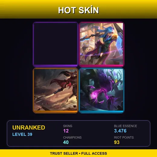 VN | Blood Moon Fiddlesticks | Battle Academia Leona | High Noon Yasuo | Old God Nocturne | 12 Skin | 40 Champ | Lv39