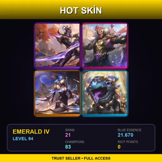TR | Victorious Master Yi | Victorious Draven | Victorious Sona | Victorious Kog'Maw | 21 Skin | 83 Champ | Emerald IV | Lv94