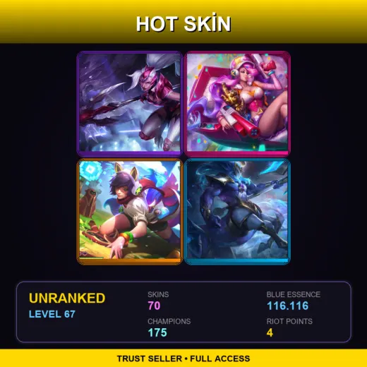 VN | Challenger Nidalee | Arcade Miss Fortune | Arcade Ahri | Cosmic Charger Hecarim | 70 Skin | 175 Champ | Lv67