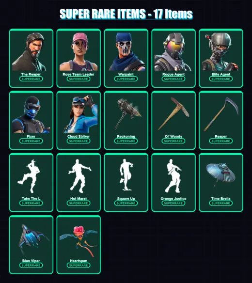[PC] | The Reaper | Rose Team Leader | Warpaint | Rogue Agent | Elite Agent | 268 skin | 307 pickaxe | 244 emote | 251 glider | Lv3661