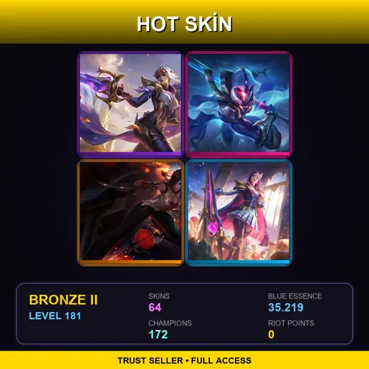 SG | Victorious Fiora | Battle Academia Caitlyn | High Noon Twisted Fate | Cosmic Blade Master Yi | 64 Skin | 172 Champ | Bronze II | Lv181 — Monster Tamer Veigar