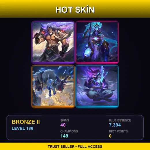 LAS | Victorious Tryndamere | Spirit Blossom Master Yi | Cosmic Huntress Nidalee | Blood Moon Zyra | 40 Skin | 149 Champ | Bronze II | Lv186