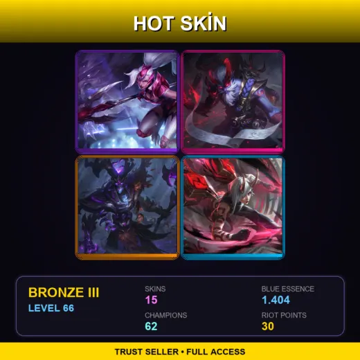 BR | Challenger Nidalee | Blood Moon Ryze | Elderwood Karthus | Inkshadow Kai'Sa | 15 Skin | 62 Champ | Bronze III | Lv66 — Striker Ezreal