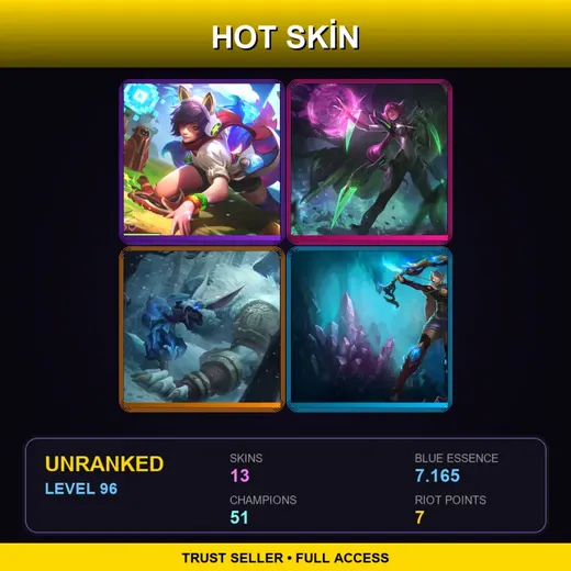 NA | Arcade Ahri | Super Galaxy Elise | Tundra Hunter Warwick | Amethyst Ashe | 13 Skin | 51 Champ | Lv96