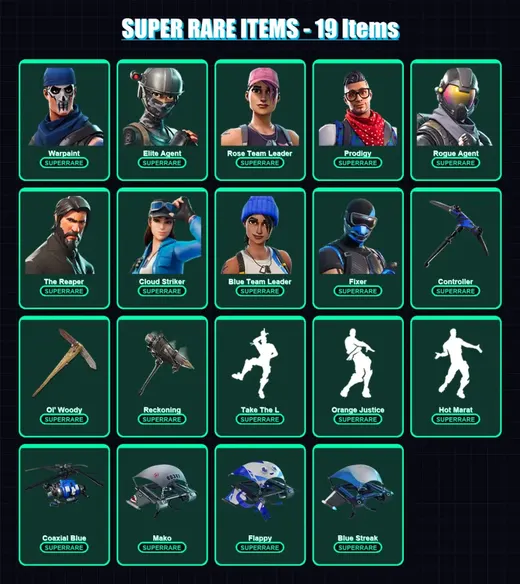[PC/XBOX/PSN] | Warpaint | Elite Agent | Rose Team Leader | Prodigy | Rogue Agent | 71 skin | 145 pickaxe | 98 emote | 109 glider | Lv1880
