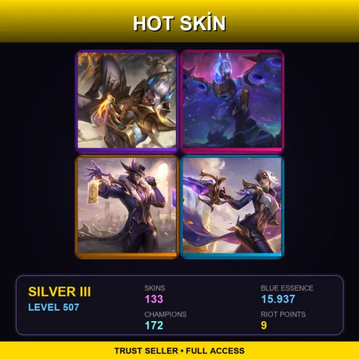 LAN | Prestige Obsidian Dragon Sett | Cosmic Flight Anivia | Victorious Twisted Fate | Victorious Fiora | 133 Skin | 172 Champ | Silver III | Lv507