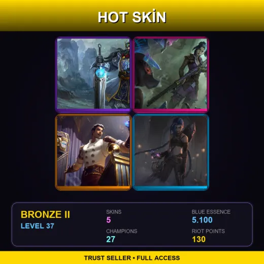 EUW | King Tryndamere | Arcane Enforcer Caitlyn | Arcane Inventor Jayce | Arcane Enemy Jinx | 5 Skin | 27 Champ | Bronze II | Lv37