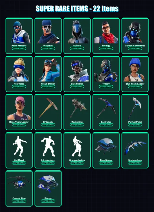 [PS4/PS5/XBOX/PC] | Point Patroller | Warpaint | Sultura | Prodigy | Carbon Commando | 36 skin | 48 pickaxe | 41 emote | 39 glider | Lv344