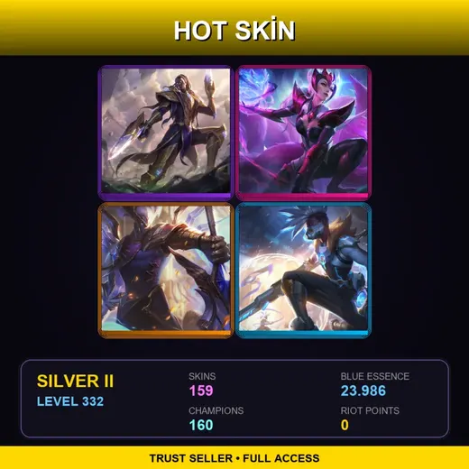 SG | Victorious Lucian | Challenger Ahri | Victorious Aatrox | Battle Academia Caitlyn | 159 Skin | 160 Champ | Silver II | Lv332 — K Da Evelynn