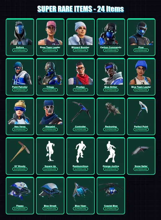 [PS4/PS5/PC] | Sultura | Rose Team Leader | Blizzard Bomber | Carbon Commando | Fixer | 104 skin | 69 pickaxe | 80 emote | 69 glider | Lv932