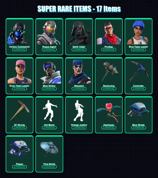 [PC/XBOX] | Carbon Commando | Rogue Agent | Darth Vader | Prodigy | Blue Team Leader | 124 skin | 139 pickaxe | 122 emote | 117 glider | Lv1544