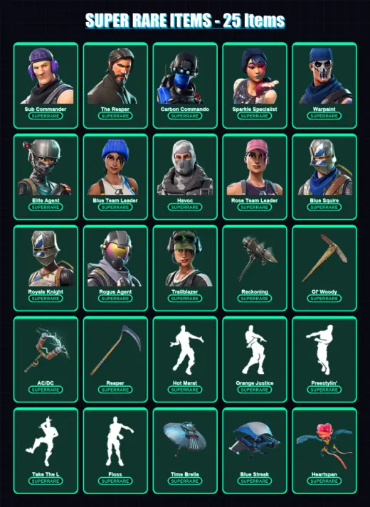 [PC/XBOX] | Sub Commander | The Reaper | Carbon Commando | Sparkle Specialist | Warpaint | 92 skin | 99 pickaxe | 99 emote | 94 glider | Lv1139